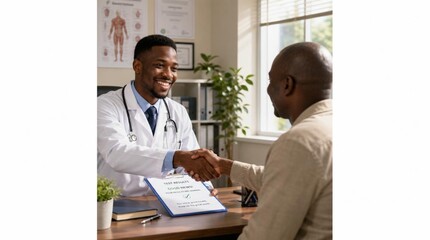 Fototapeta premium Friendly African male doctor in white coat smiling warmly while shaking hands with a seated male patient across a desk in a bright modern medical office with window light and anatomical poster on wall