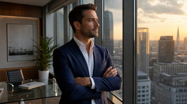 Confident Businessman in Navy Blazer and White Shirt Standing with Arms Crossed in a Modern High-Rise Office, Gazing Thoughtfully at the City Skyline During Sunset, Concept of Success and Vision.