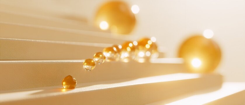 Commercial Photo of Cascading Liquid Gold Spheres on Plaster Steps for Dividend Growth and Passive Income Snowball Concept
