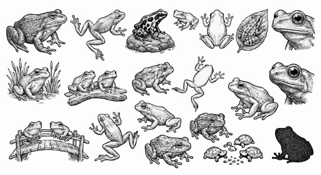 Vector set of frog illustrations line art sketch collection featuring various amphibians toads jumping sitting and portraits isolated on white background concept.