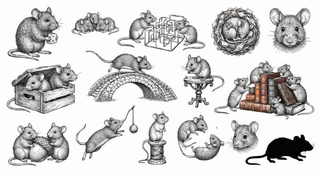 Vector set of cute mouse illustrations line art sketch collection featuring rodents playing with books maze bridge and portraits isolated on white background concept.