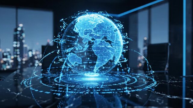 Slow orbit around a transparent holographic globe with network arcs