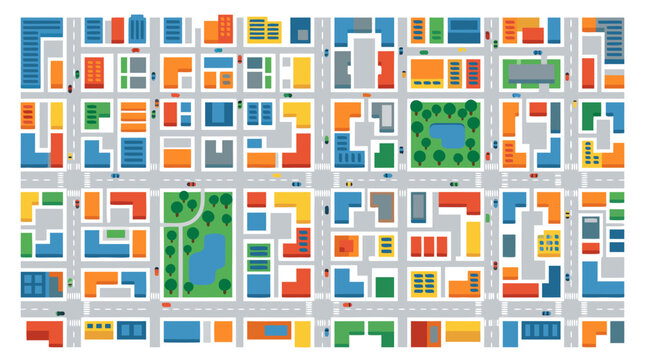Overhead aerial view of vibrant colorful city map with rectangular buildings, streets with small cars driving, bold flat colors, vector illustration, urban planning concept, top down perspective