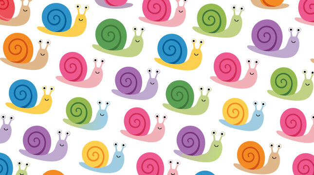 Cute cartoon snails with colorful spiral shells repeating seamless pattern on white backdrop, whimsical vector illustration for children's design, fabric, wallpaper, and decorative surfaces.