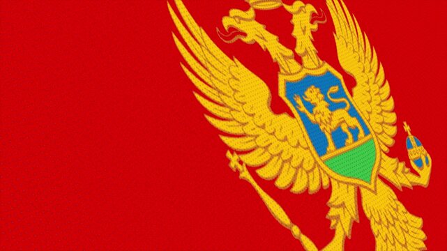 Flag of Montenegro waving slowly in the foreground and moving upwards.
