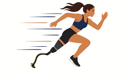 Fototapeta premium Female Athlete with Prosthetic Running Blade Sprinting on Track, Motion Speed Lines, Flat Design Vector Illustration, Disability Sport, Empowerment, Inclusion Concept Art