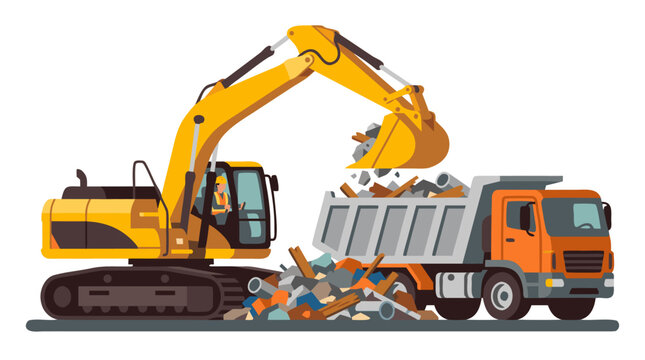Yellow excavator loading construction demolition waste debris into orange dump truck, heavy machinery recycling rubble and material handling at industrial site vector illustration isolated on white