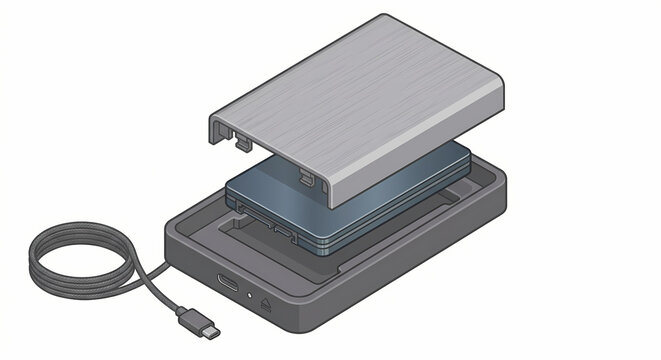 Isometric illustration of an external hard drive, disassembled to reveal internal data storage components and technological assembly, ideal for digital information concepts