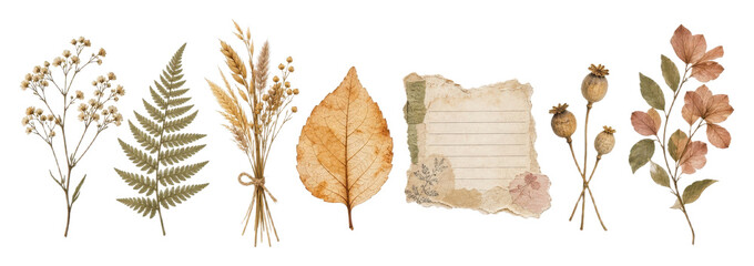Obraz premium PNG Autumn botanical elements, dried flowers, leaves, wheat, and paper