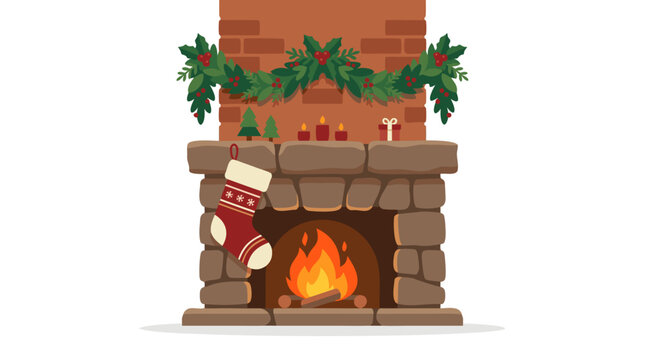 Christmas fireplace with stone mantel, festive green garland with red berries, single red holiday stocking, candles, and warm fire - flat vector illustration in warm brown and red tones