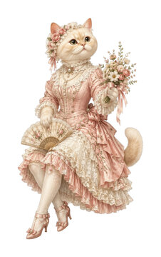 PNG Elegant Victorian cat lady in pink dress with floral bouquet