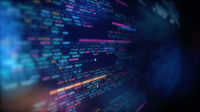 Programming code background with syntax highlighted text and colorful bokeh depth of field