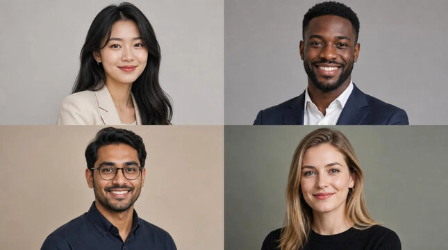Collage split-screen portrait of four confident young professionals of different ethnicities smiling against neutral studio backgrounds in modern business attire