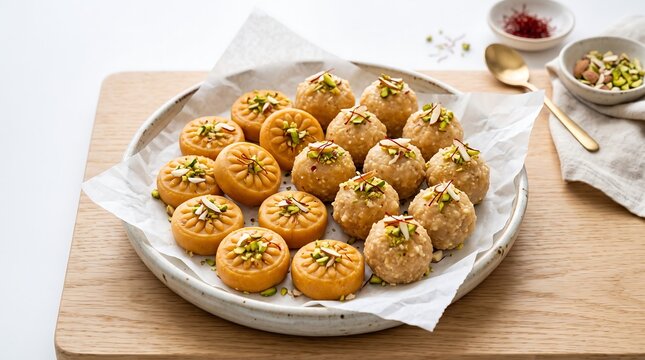 Assorted traditional Indian sweets like peda and laddu arranged on a plate with pistachios