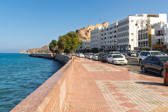 The scenic waterfront Muttrah Corniche, a tiled promenade along the Gulf of Oman with the 16th century Muttrah Fort above, in Muscat, Oman, November 13 2025