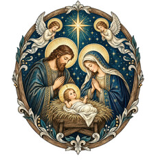 Obraz premium PNG Vintage Christmas nativity illustration with angels, stars and holy family