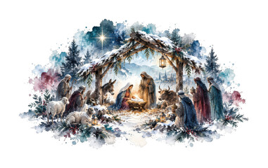 Obraz premium PNG Watercolor Christmas nativity scene beneath rustic woodland shelter