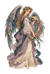 Obraz premium PNG Elegant celestial angel woman with flowers, wings and harp
