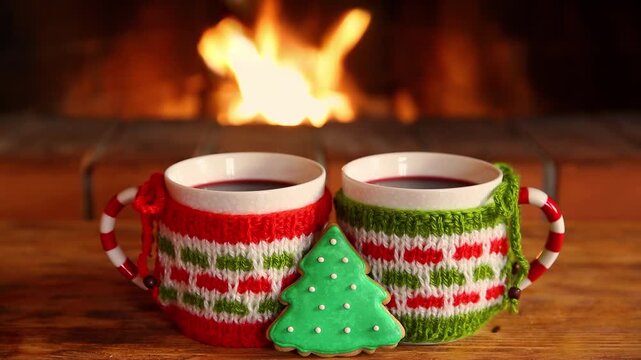 Mugs in knitted woolen covers with a Christmas ornament are placed in front of the fireplace. Xmas decorations on a wooden table in front of a flame burning in the fireplace.