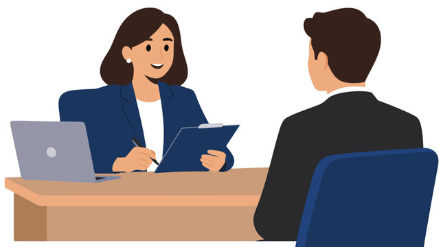 Human resources manager holding a clipboard and interviewing a male job applicant across a wooden desk with a laptop, corporate hiring recruitment concept flat vector illustration on white