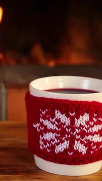 Mugs in knitted woolen covers with a Christmas ornament are placed in front of the fireplace. Xmas decorations on a wooden table in front of a flame burning in the fireplace. Vertical video