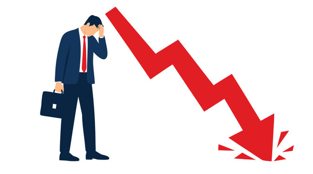 Depressed businessman in navy suit clutching forehead in despair beside massive crashing red downward arrow, flat vector illustration representing financial crisis, bankruptcy and stock collapse