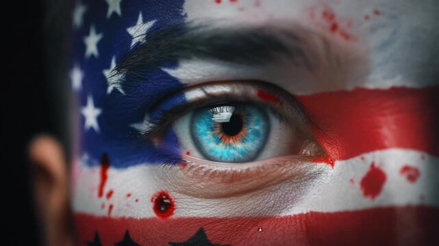 Extreme macro photorealistic footage of a fictional adult male rugby player's eye, bright cyan blue iris with USA flag face paint