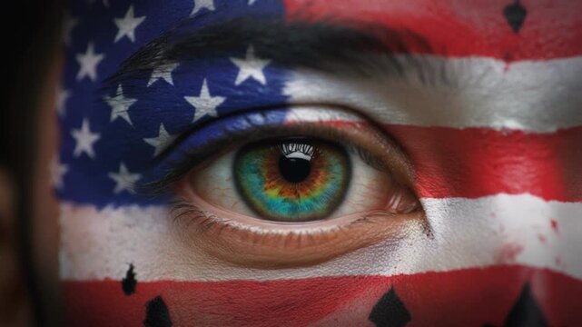 Extreme macro photorealistic footage of a fictional adult male rugby player's eye, vivid green iris with USA flag face paint