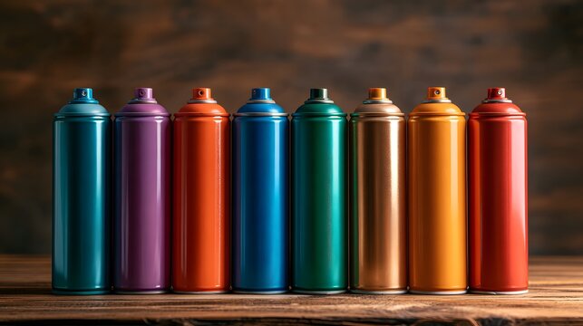 High quality image of colorful spray paint cans lined up on wooden table