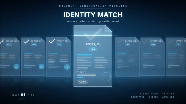 Document verification pipeline advancing through eight approval stages with checkmarks