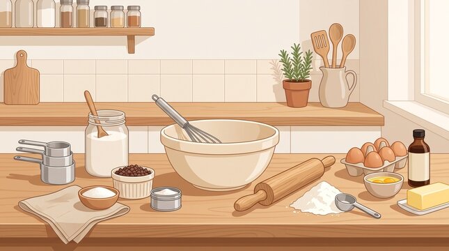 Home baking ingredients and kitchen tools