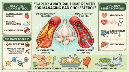 Fototapeta premium Garlic infographic for managing bad cholesterol and heart health