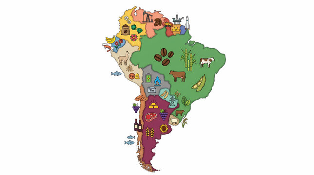 Colorful Illustrated Map of South America with Regional Icons