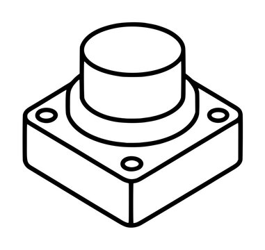 Isometric vector icon of a tactile push-button switch for electronic circuits, featuring a minimalist line art design with a square base and cylindrical actuator, perfect for technical diagrams and