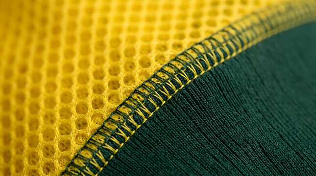 Close up of yellow mesh fabric and green textile seam woman's soccer football concept