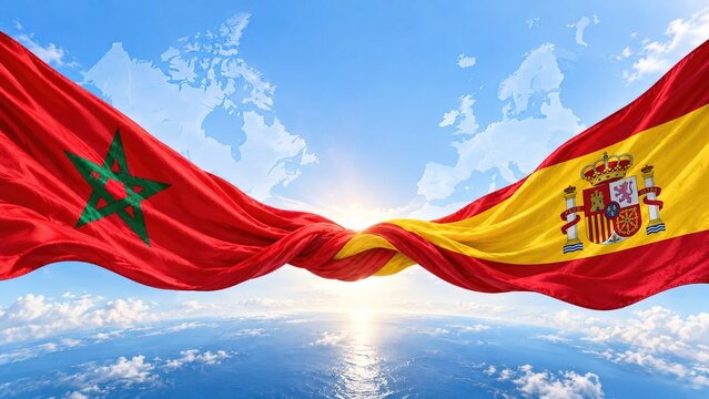 Intertwined flags of Morocco and Spain; concepts of immigration, bilateral cooperation, border control, integration, and relations between Africa and Europe.