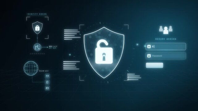 Cyber security login interface with shield padlock closing and access granted after password verification