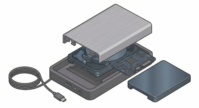 Isometric vector illustration of external hard disk drive enclosure assembly with internal electronic components and USB cable