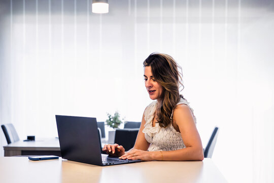 Woman working on laptop achieving business goals in modern office