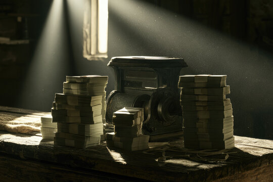 Counting cash dark basement mechanical currency counter paper banknote stack wooden workbench cool daylight creates dramatic shadows in dim cellar, evoking secrecy and financial tension