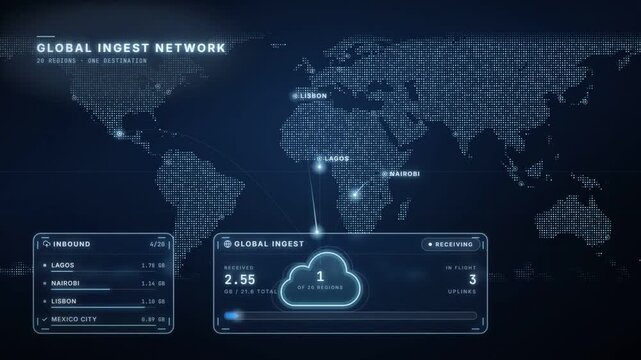 Global data ingest network dashboard with world map city nodes connecting to a central cloud