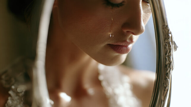 Solemn weeping bride mirror closeup showing natural teardrop across cheek, detailed skin texture, dry lips, lace collar, soft window daylight, and quiet wedding emotion
