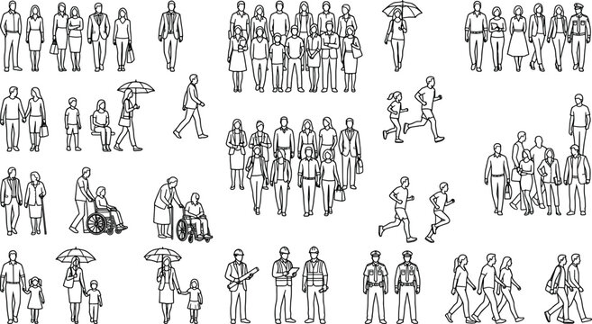Set of various people silhouettes in different poses and activities, vector illustration for architectural visualization