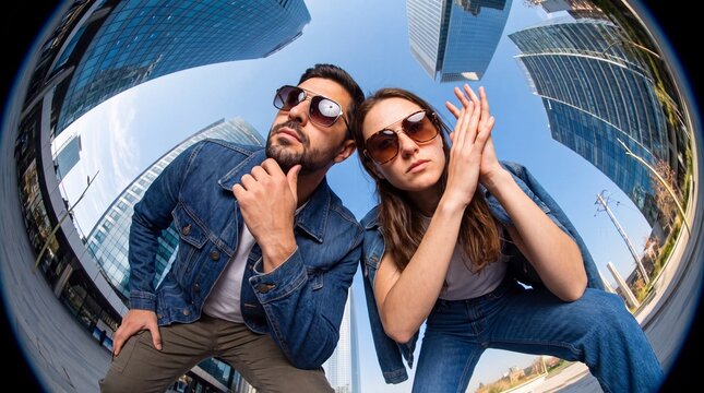 A stylish couple strikes a pose with a fisheye lens effect, surrounded by the imposing architecture of a modern city. Their confident expressions and fashionable denim attire suggest a cool.