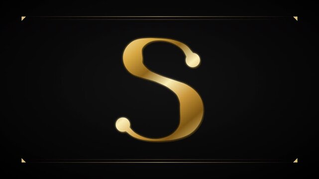 Elegant gold letter S with glossy metallic sheen and curled serif terminal centered on dark black surface