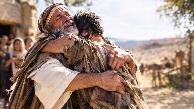 Emotional Reunion: The Prodigal Son Embraced by His Forgiving Father in a Dynamic Ancient Biblical Homecoming Scene.