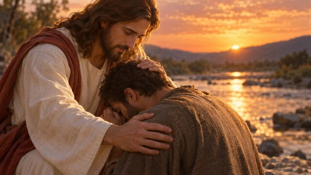 Jesus Christ Comforting a Kneeling Man by a Serene River at Sunset, a Poignant Scene of Compassion, Forgiveness, and Spiritual Grace.
