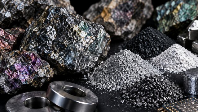 Raw mineral ore and refined metallic powder on a dark surface, showcasing critical supply chain of rare earth metals like cerium, europium, and neodymium for electronics