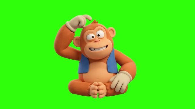 A funny 3D animated monkey character scratches its head in confusion on a chroma key green background. Great for humorous videos, problem-solving concepts, kids content, and cartoon game mascot animat