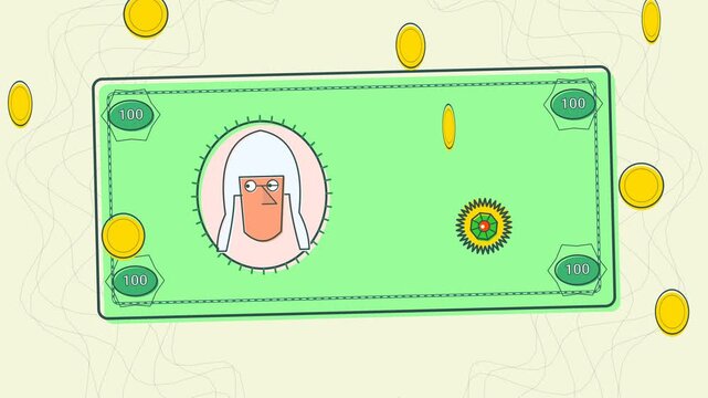 Mid-century modern UPA style 2D animation illustrating the circulation of money through a car and family